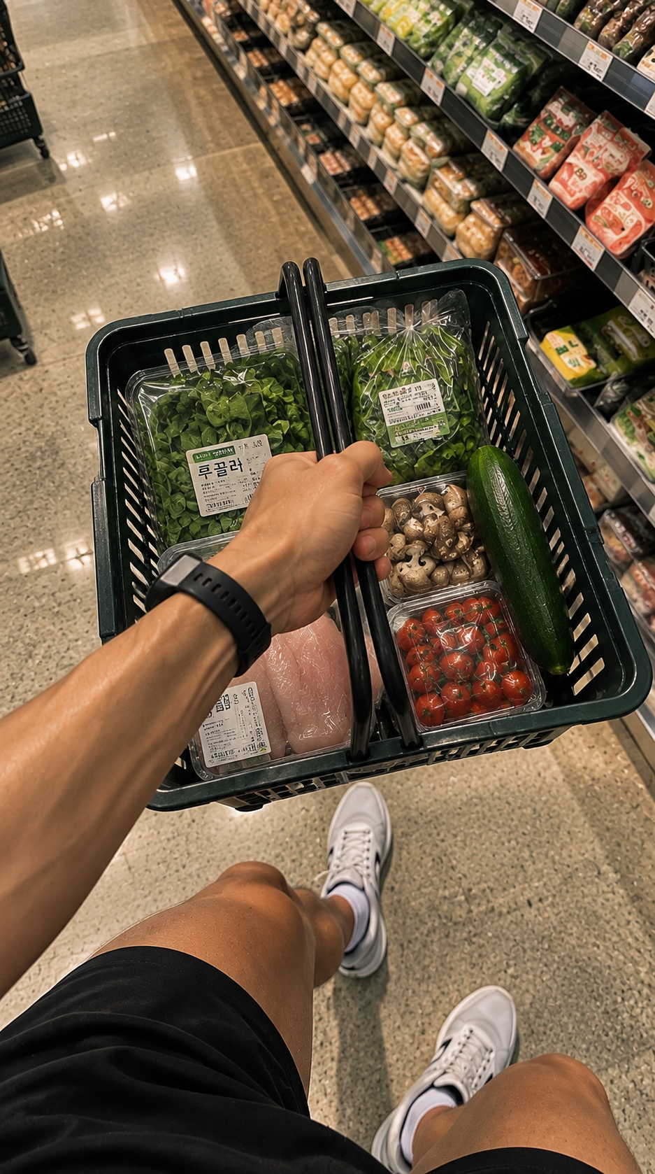 AI-generated first-person scene of Maibel’s companion carrying a basket of fresh groceries